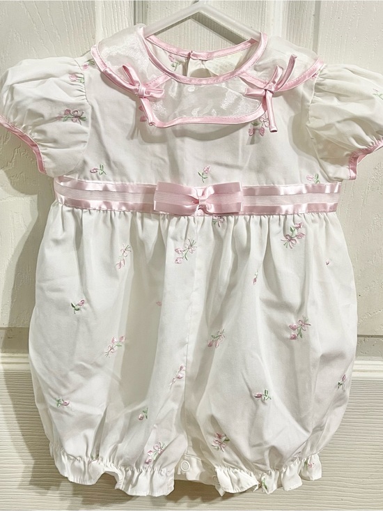 Unknown Other - Vintage 1999 Baby Girl 6-9M White Pink Floral Embroidered Bubble Romper
